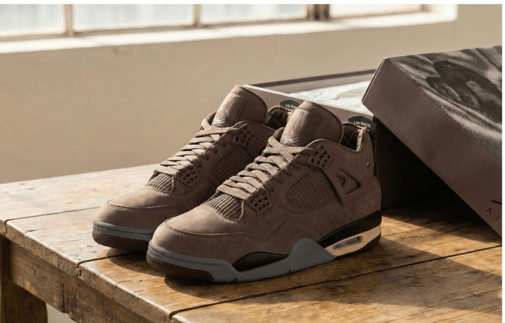 A pair of A Ma Maniére x Air Jordan 4 Dark Mocha sneakers sitting on a wooden table next to the special edition packaging.
